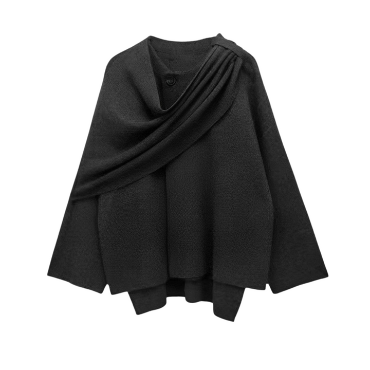 Women's stylish asymmetrical winter poncho, a warm elegant fashion accessory & cozy layer.