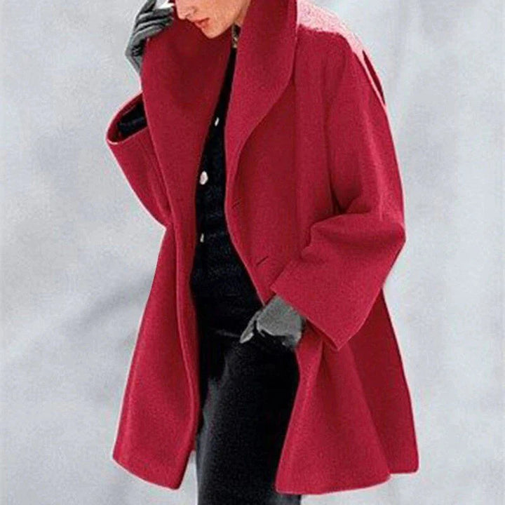 Women's elegant button-down wool jacket. Stylish, warm hip-length winter outerwear for cozy fall fashion.