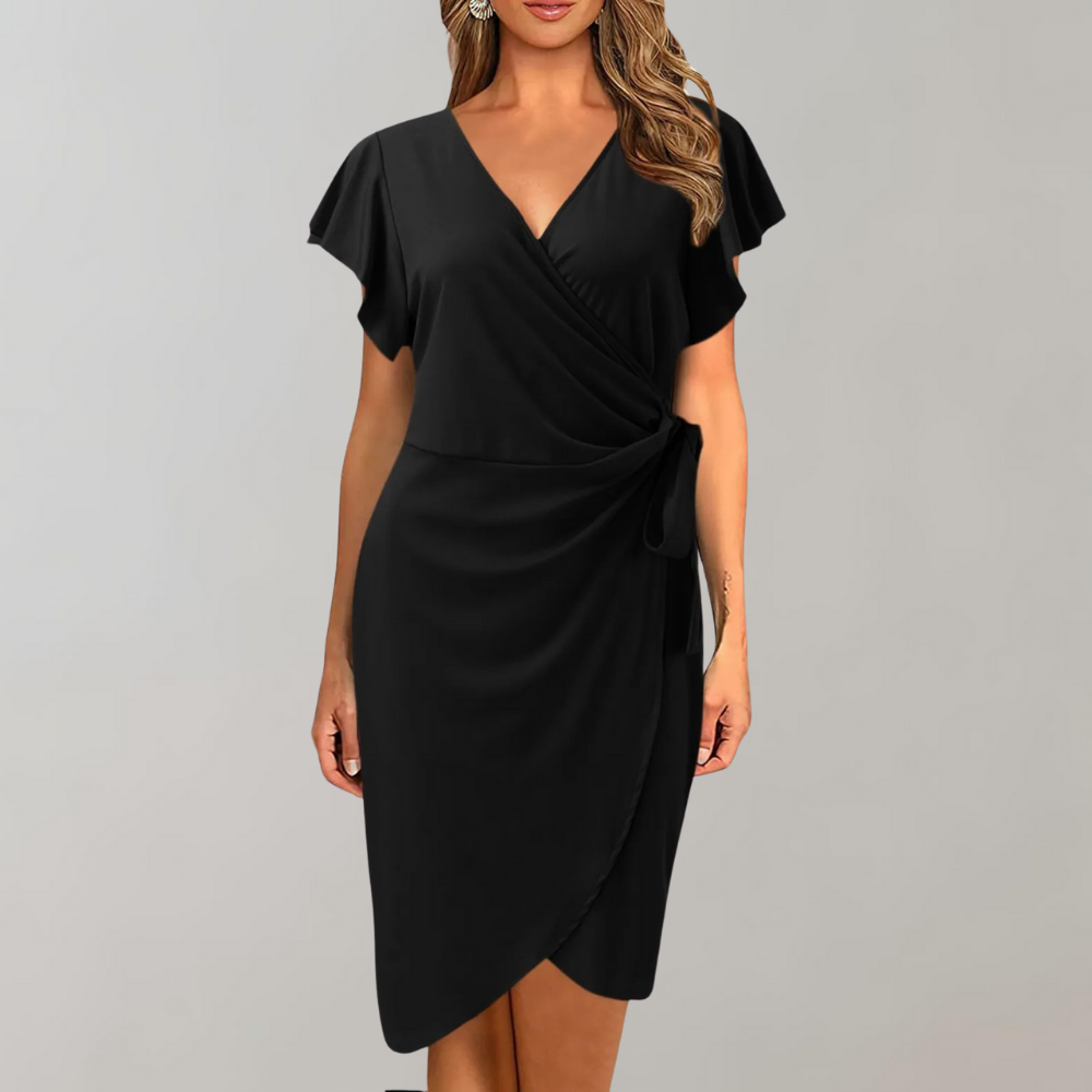 Elegant women's work wrap midi dress with V-neck & short sleeves, perfect for office or special occasions.