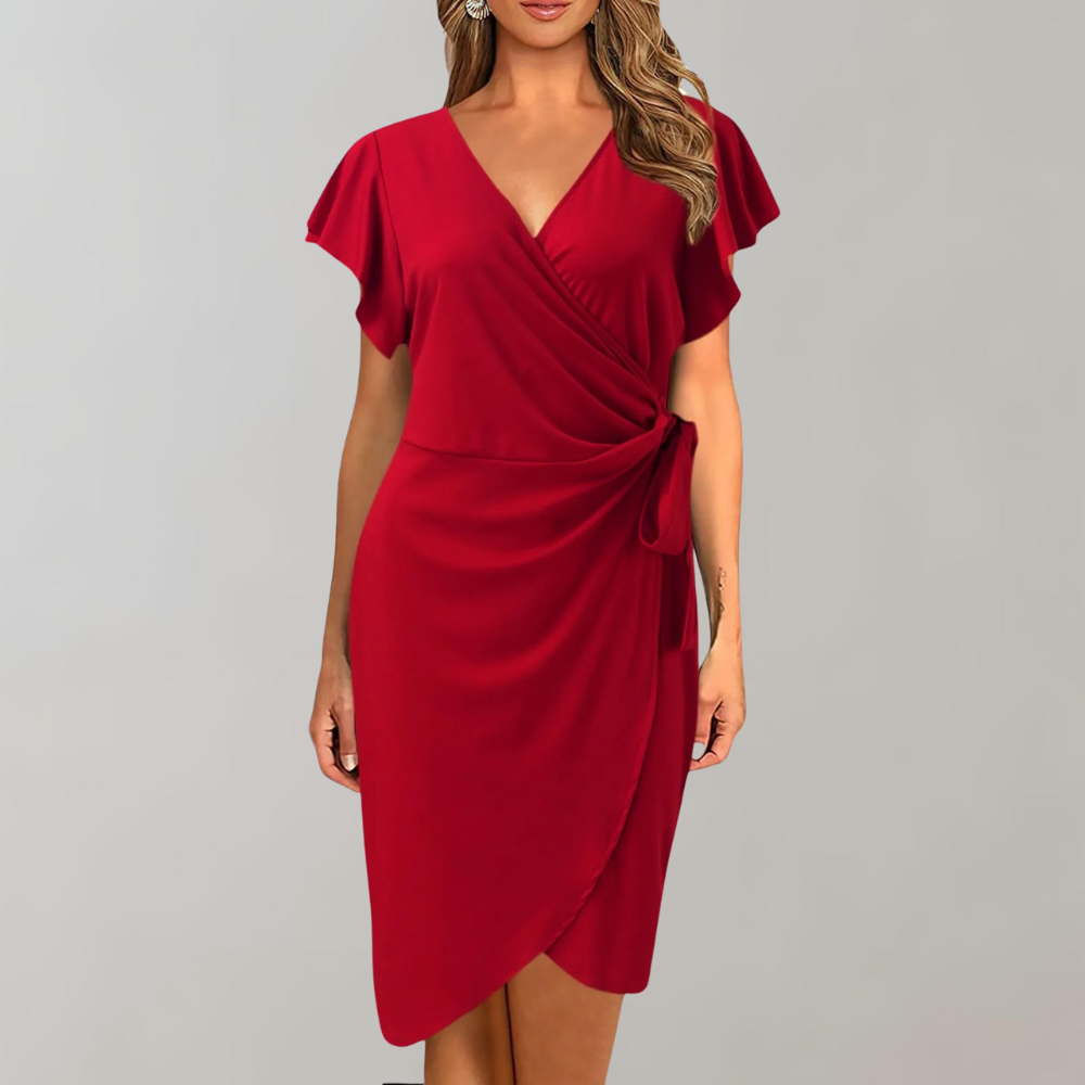 Formal women's midi wrap dress featuring a V-neck and short sleeves, ideal for professional office fashion.