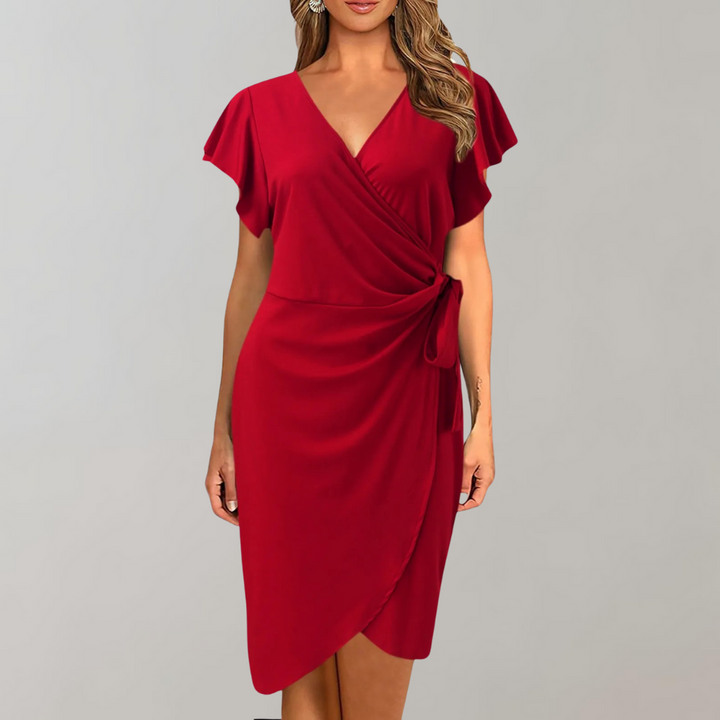 Formal women's midi wrap dress featuring a V-neck and short sleeves, ideal for professional office fashion.