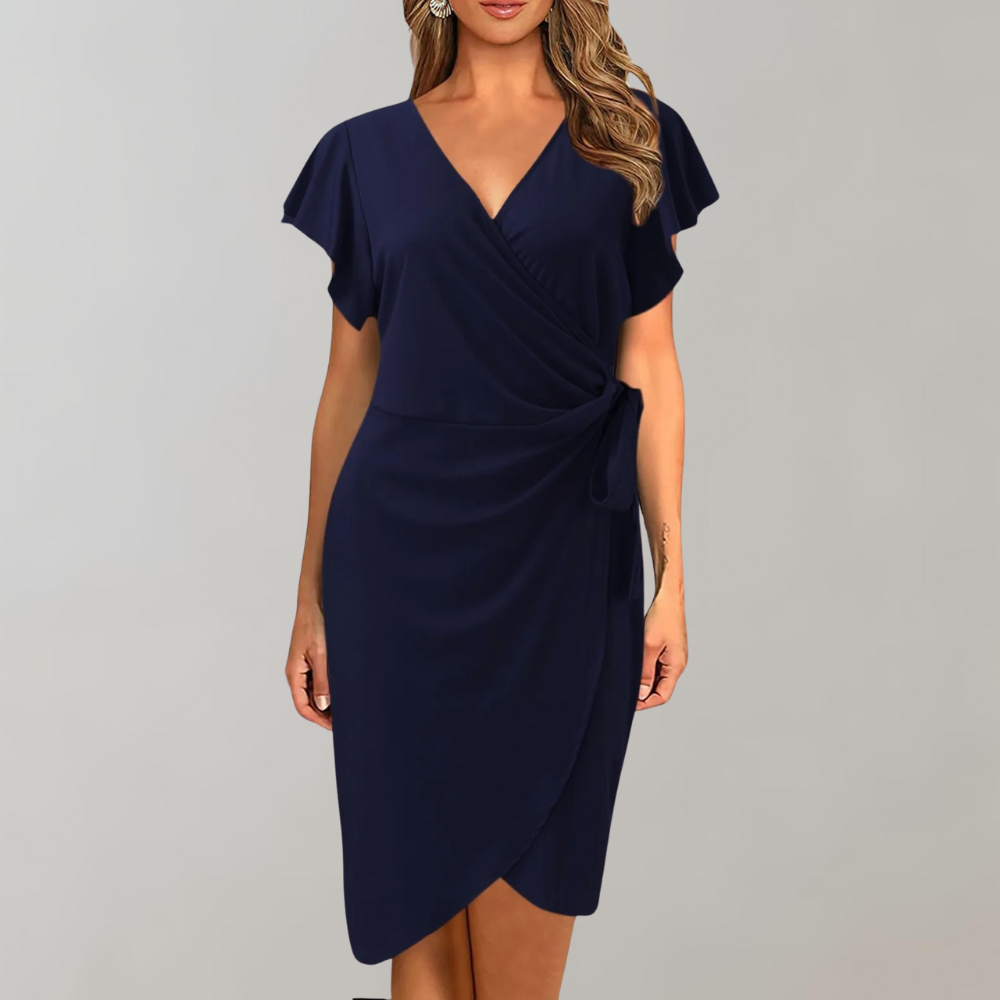 Stylish women's workwear midi wrap dress. Elegant and comfortable for office, business meetings, or formal events.