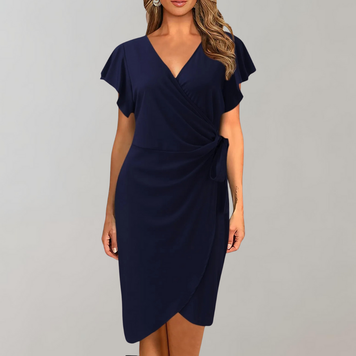 Stylish women's workwear midi wrap dress. Elegant and comfortable for office, business meetings, or formal events.