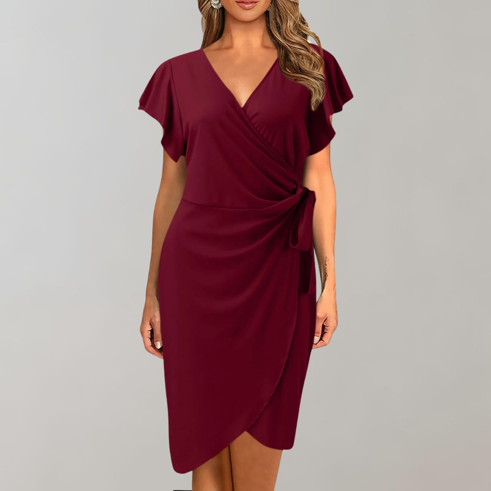 Chic women's wrap midi dress, suitable for work & formal occasions. Features V-neck, short sleeves, professional style.