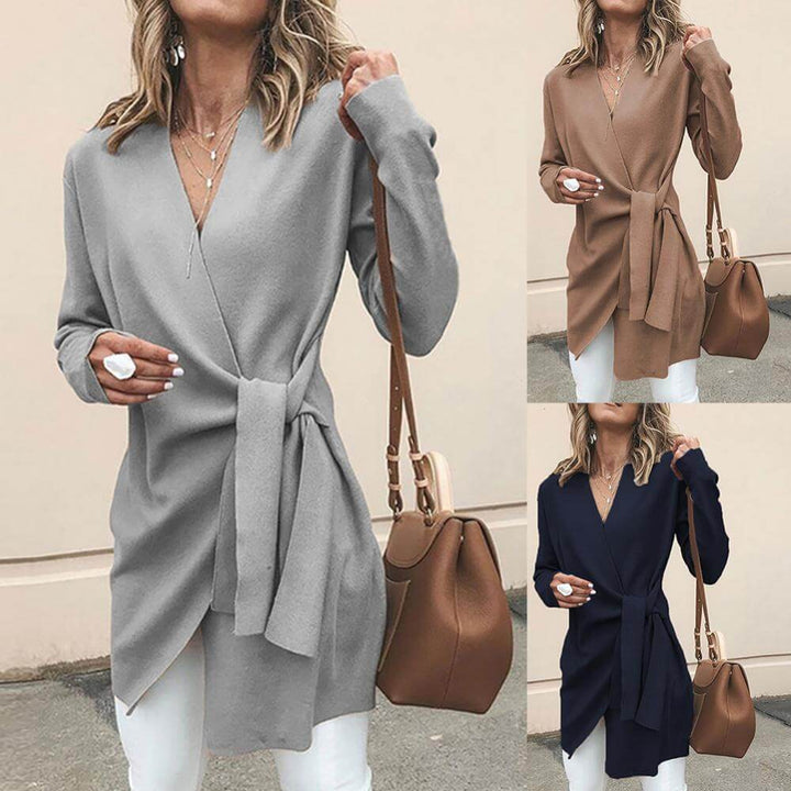 Elegant women's wrap dress with a flattering midi fit, perfect for versatile styling.