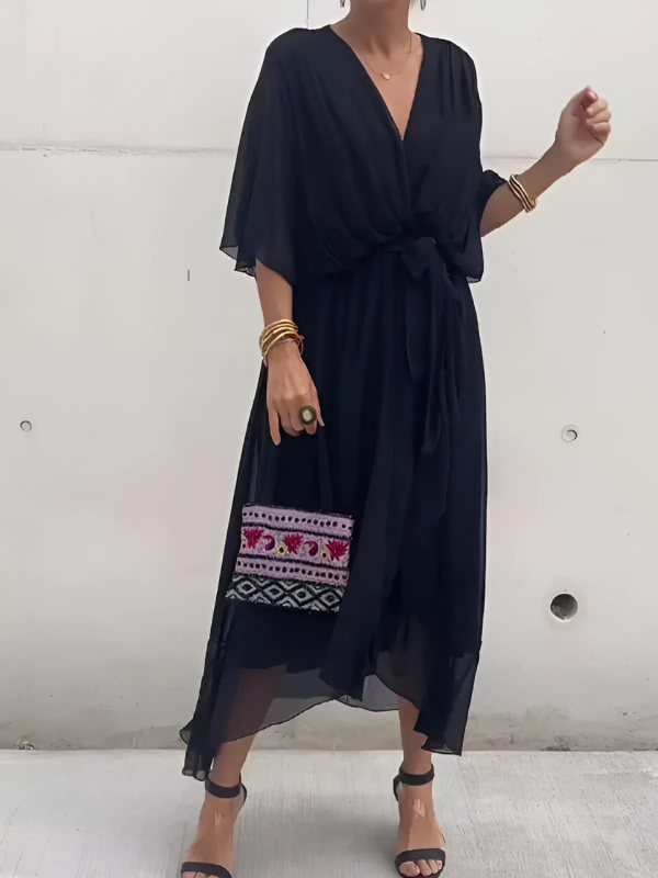 Elegant women's wrap midi dress in a flattering silhouette, perfect for special occasions.