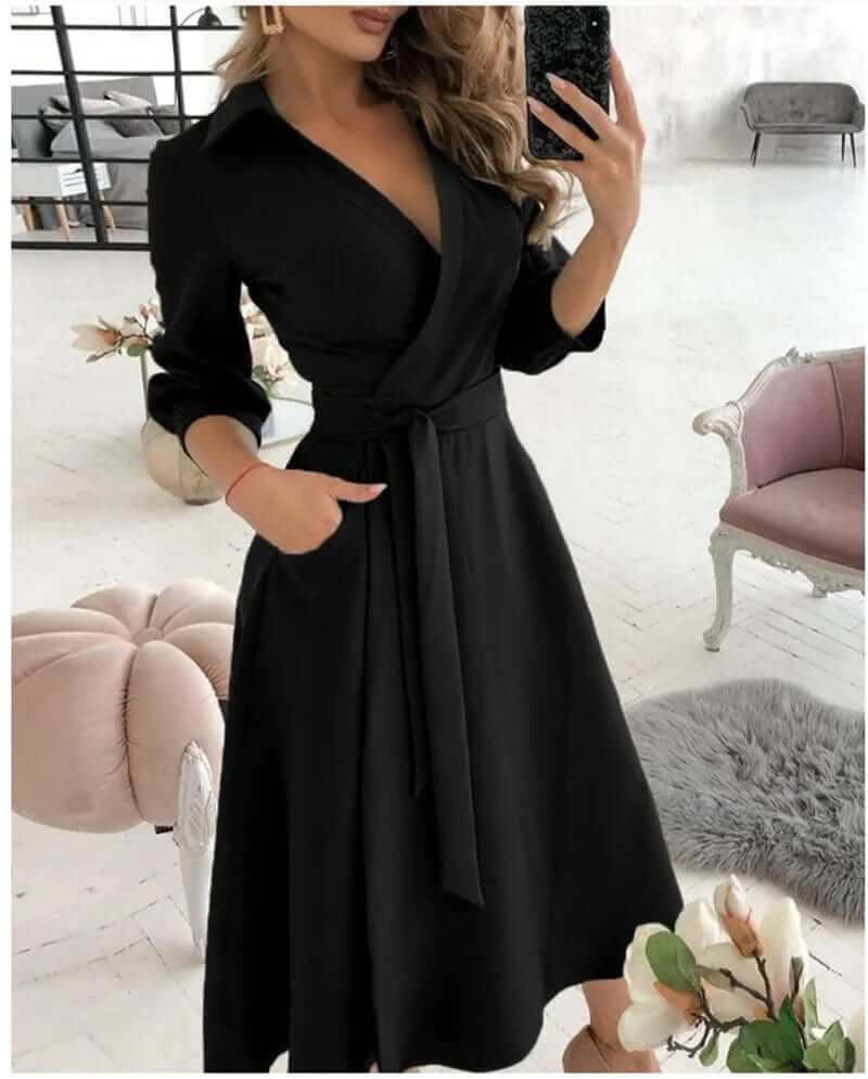 Modern elegant women's wrap midi dress, a fashionable choice for cocktail events and sophisticated evening wear.