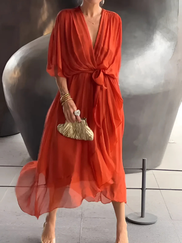 Timeless women's wrap midi dress, offering versatile style for any elegant occasion.