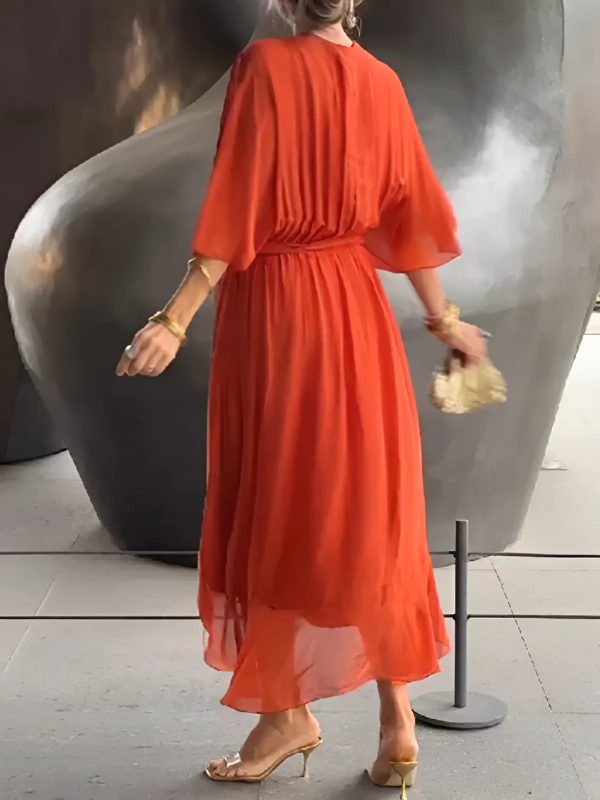 Chic women's wrap midi dress, flattering design for versatile elegant and casual wear.