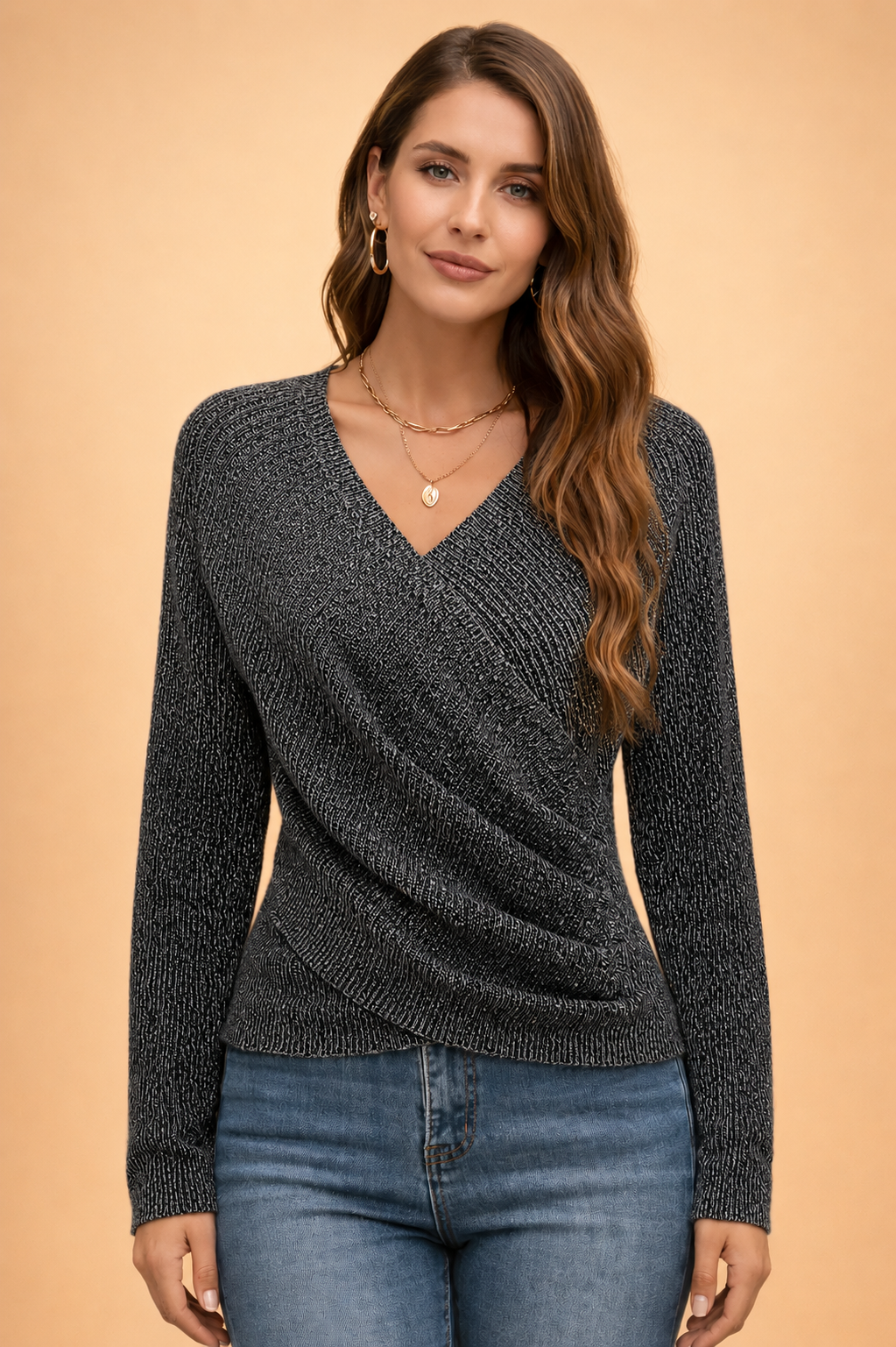 Close-up of the elegant wrap V-neckline on a women's versatile long sleeve fashion top.