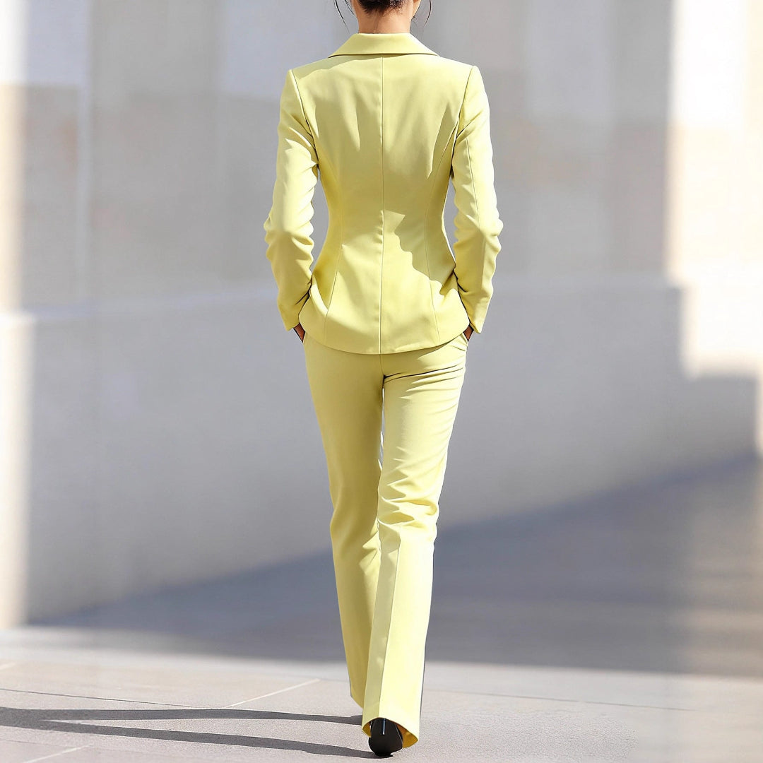 Professional women's yellow tailored blazer and matching straight-leg trousers, a versatile business outfit.