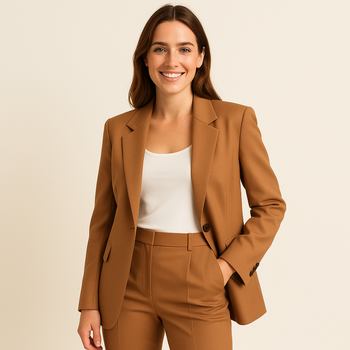 Elegant women's business suit in classic tailoring, navy blue color, perfect for formal and professional settings.