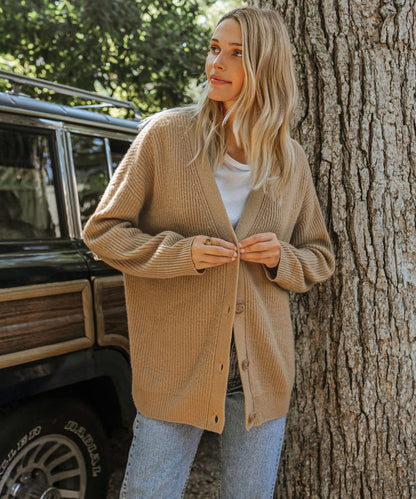 Elegant women's cashmere V-neck cardigan; soft, lightweight fabric in chic colors; perfect for layering and adding style.