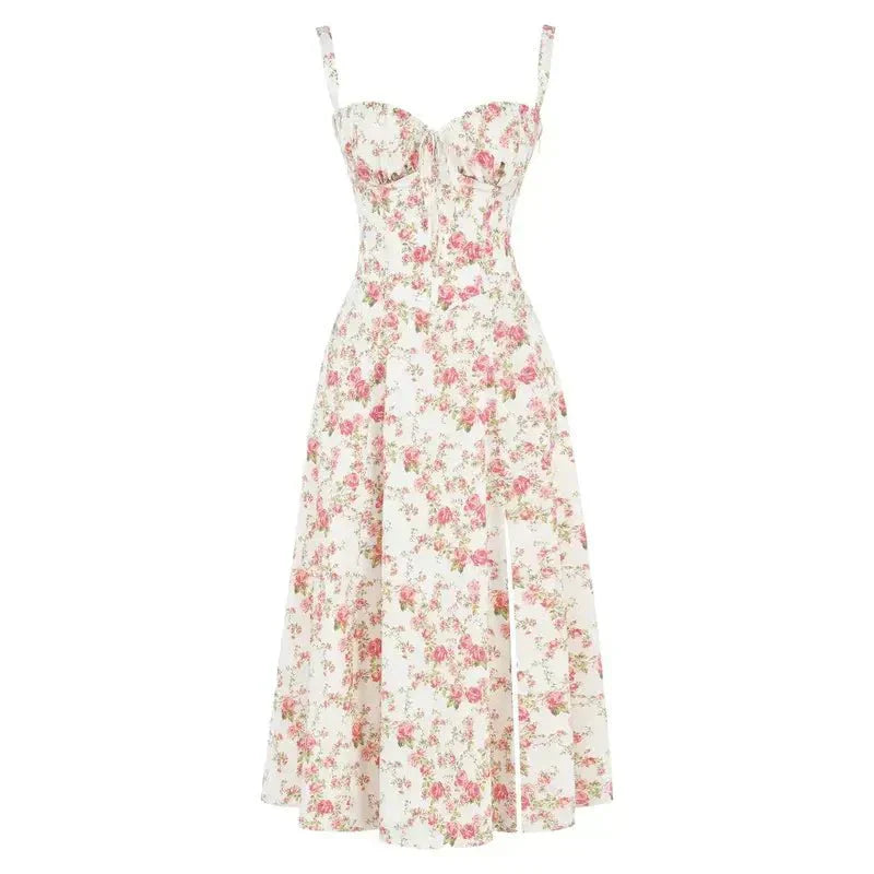 "Elegant women's corset-style waist dress with romantic sweetheart neckline and bow accent, perfect for warm-weather outings.