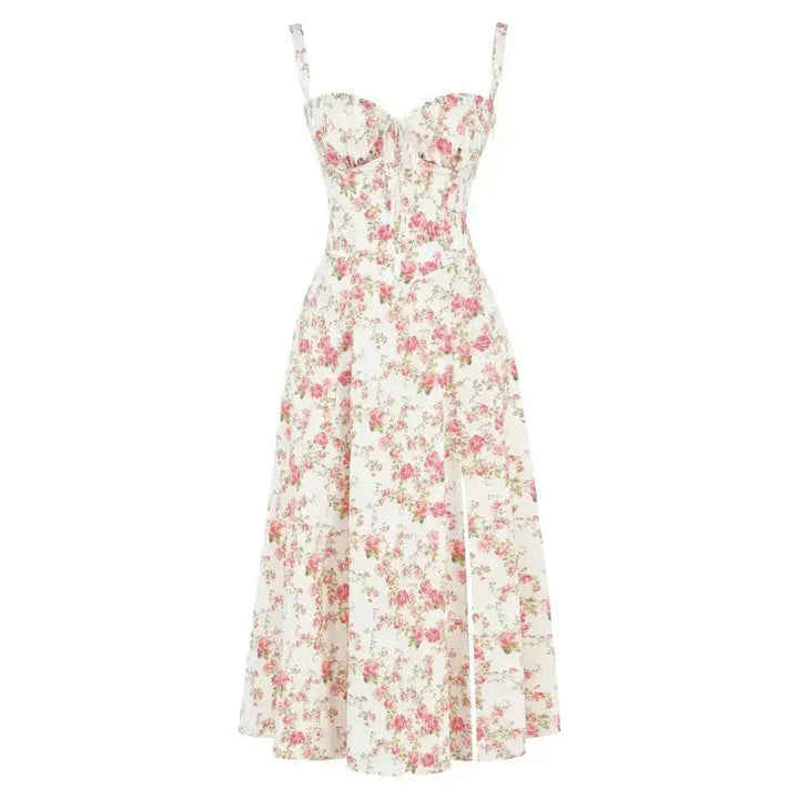 "Elegant women's corset-style waist dress with romantic sweetheart neckline and bow accent, perfect for warm-weather outings.