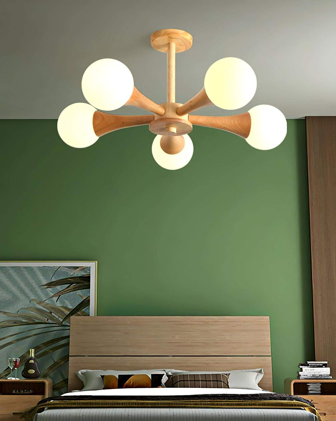Multi-bulb wooden chandelier, provides bright, inviting light.