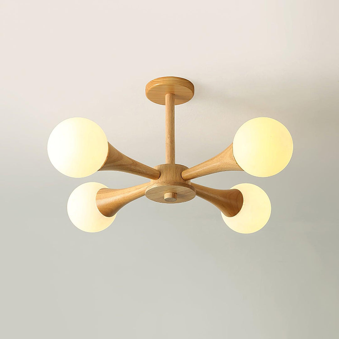 Wood and white chandelier, perfect for bright interiors.