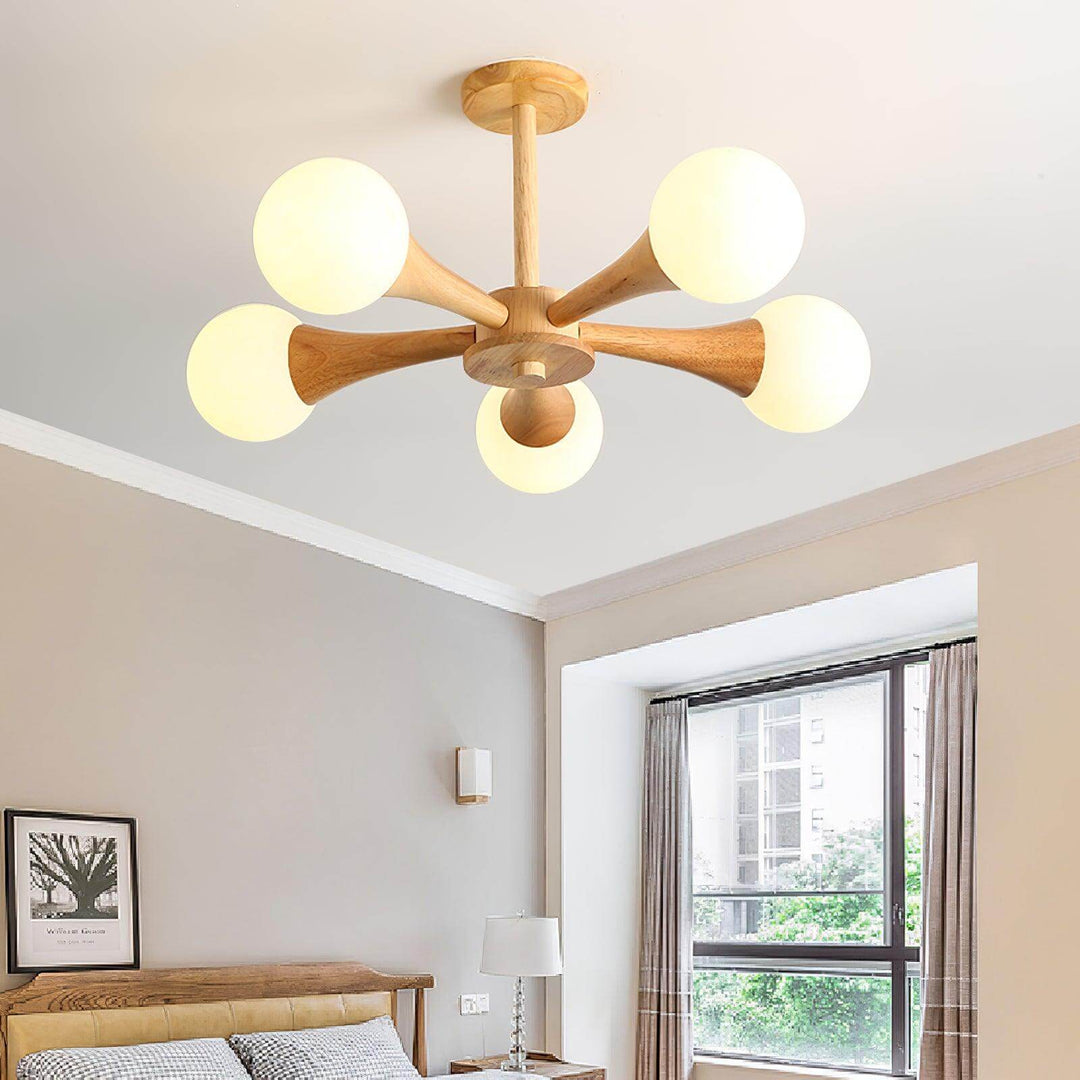 Rustic wood and glass ceiling lamp, modern farmhouse style.