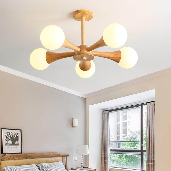 Rustic wood and glass ceiling lamp, modern farmhouse style.