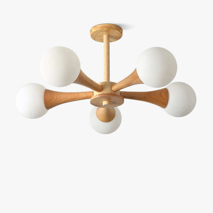Beautiful wood and glass chandelier, creates a warm atmosphere.