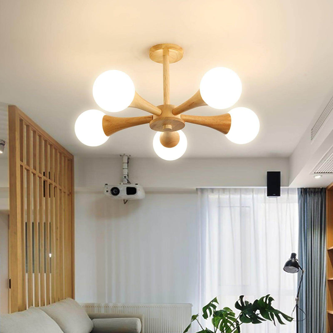 Stylish wooden chandelier for living room ambient light.