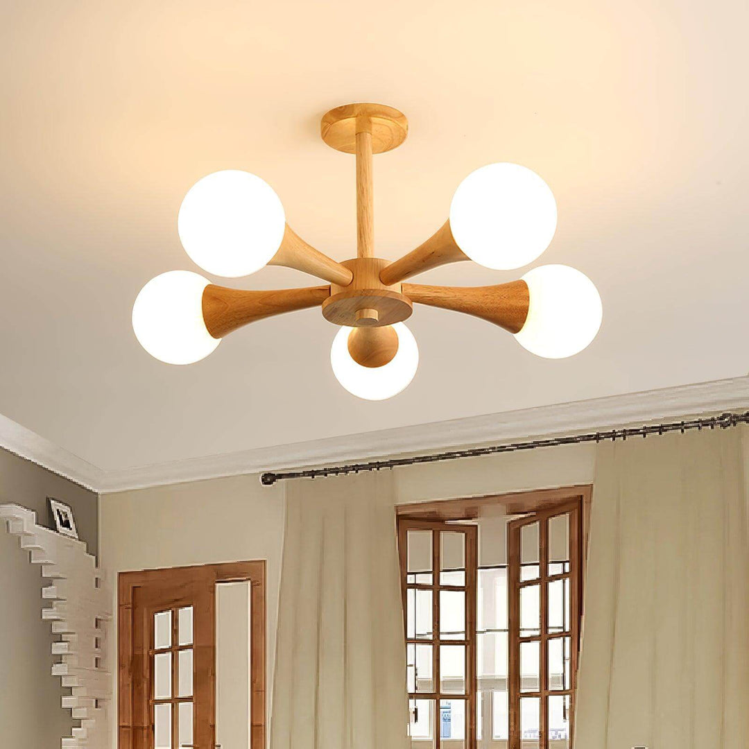 Natural wood pendant light fixture, ideal for entryways.