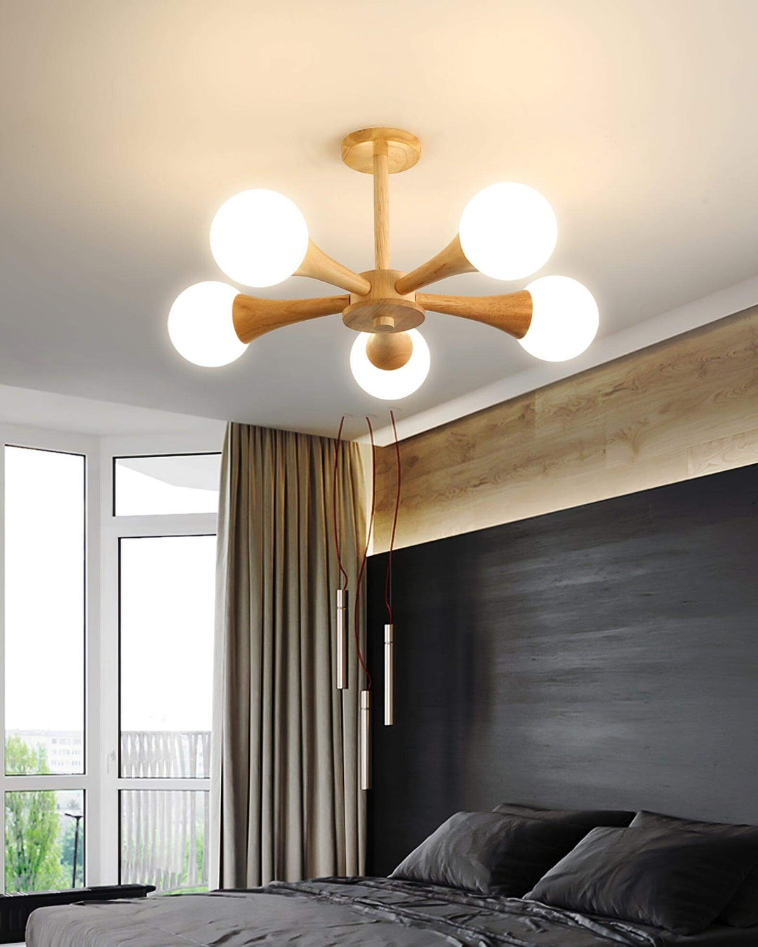 Modern farmhouse wooden chandelier, wood and white finish.