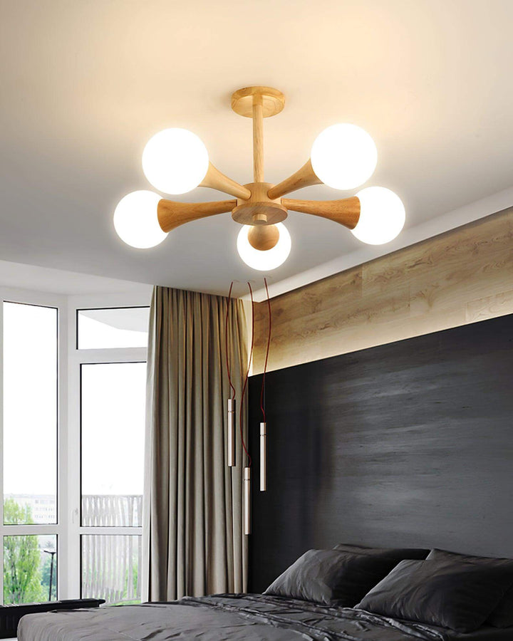 Modern farmhouse wooden chandelier, wood and white finish.