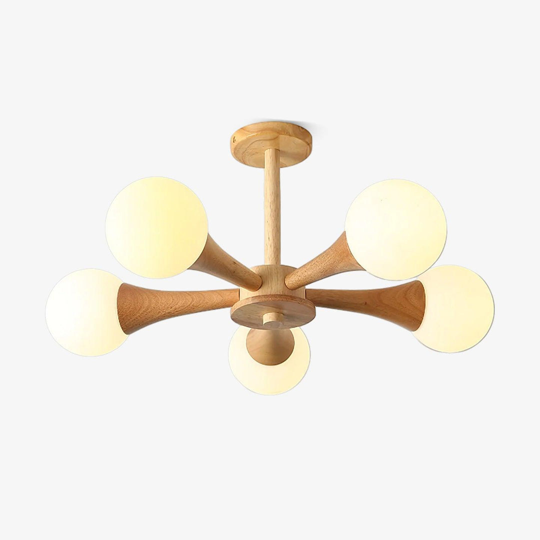 Handcrafted wooden lighting fixture, a statement piece for dining.