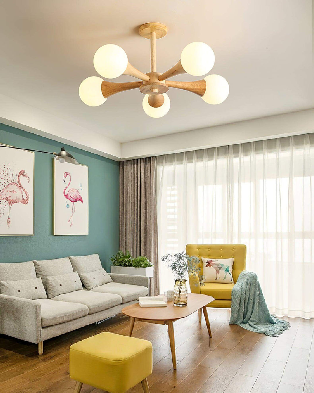 Elegant wood chandelier with clear glass accents, 4-light design.