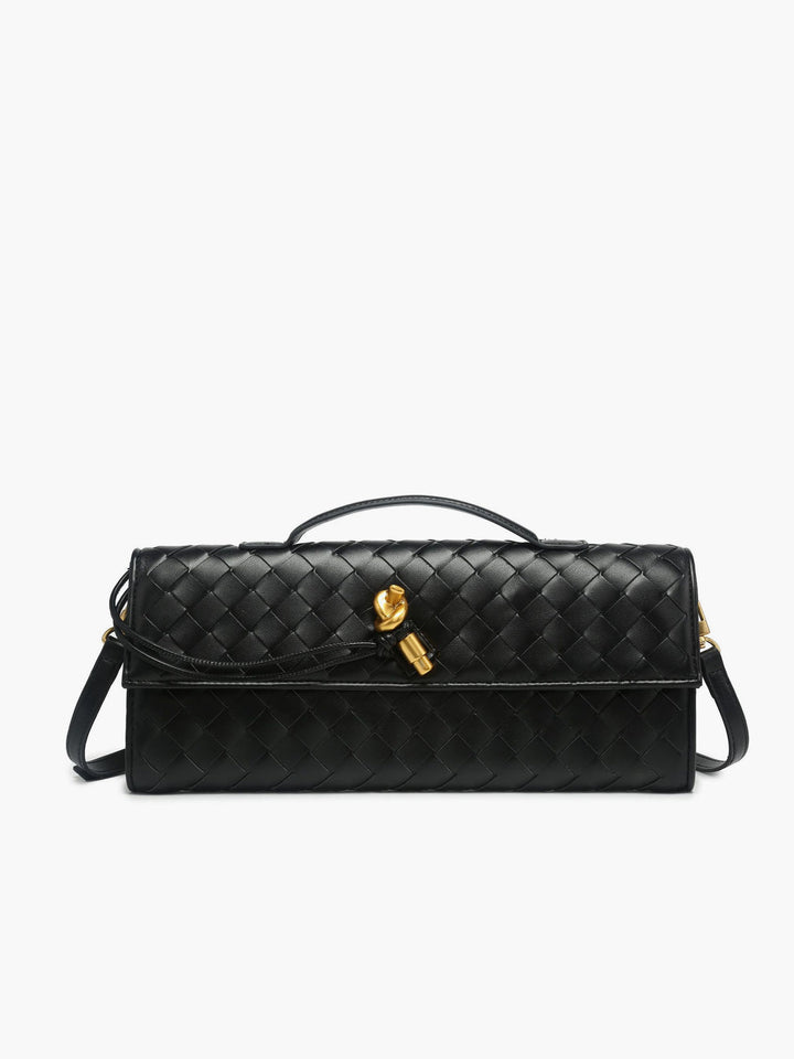 Elegant woven flap clutch handbag for women, perfect for evenings and special occasions.
