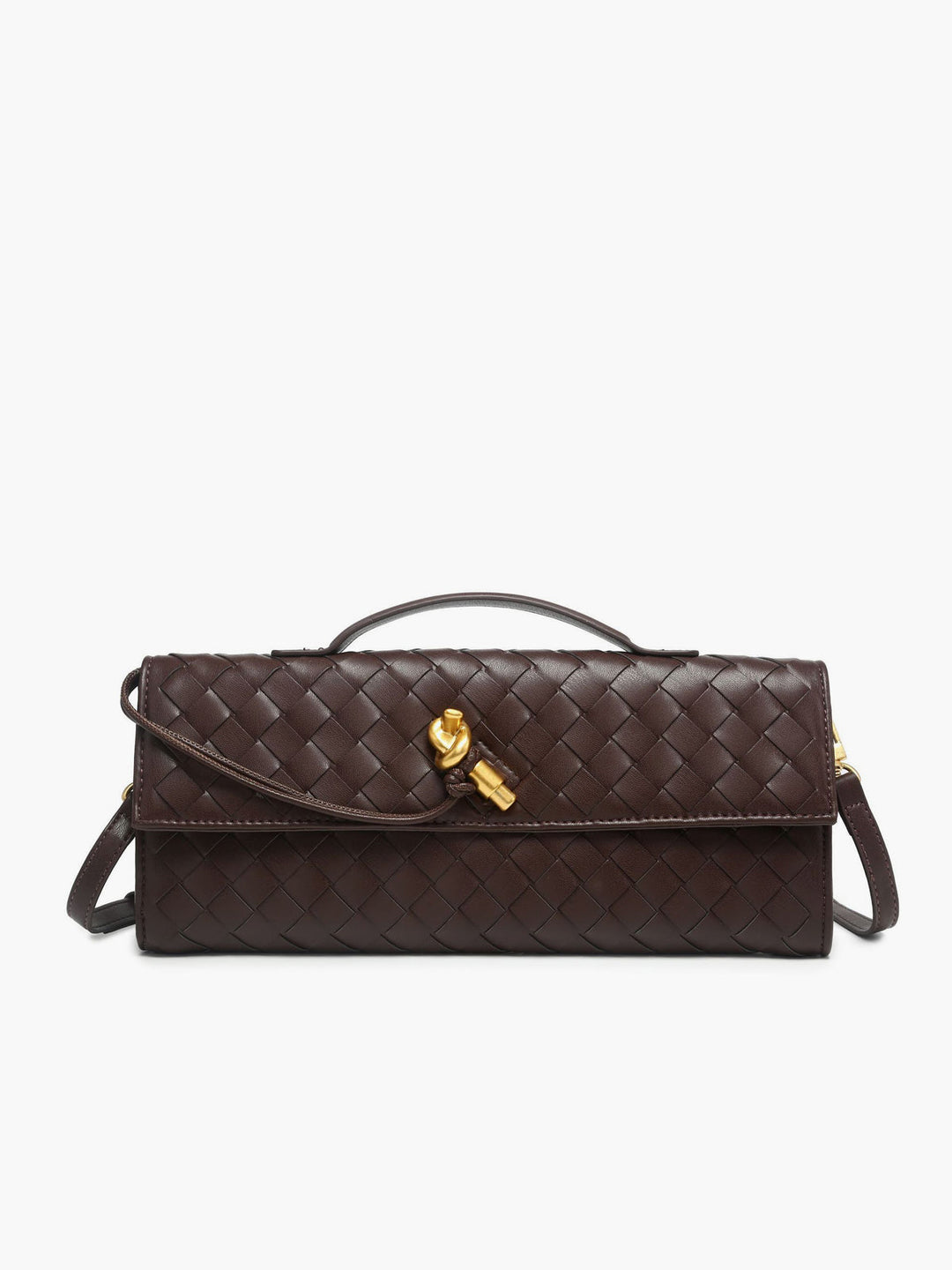 Handheld elegant white woven clutch with a secure flap, enhancing any evening outfit.