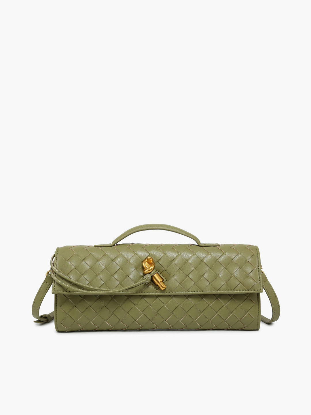Fashionable women's flap clutch, made from a unique woven material for a stylish look.