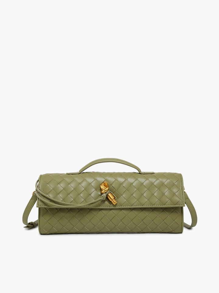 Fashionable women's flap clutch, made from a unique woven material for a stylish look.