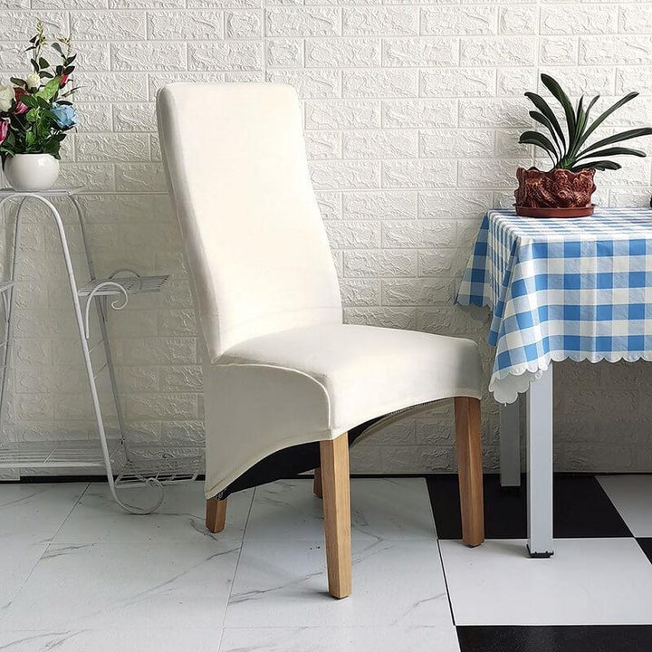 Elegant XL stretch velvet dining chair cover in camel, showcases plush velvet texture, ideal for home or events, fits armless