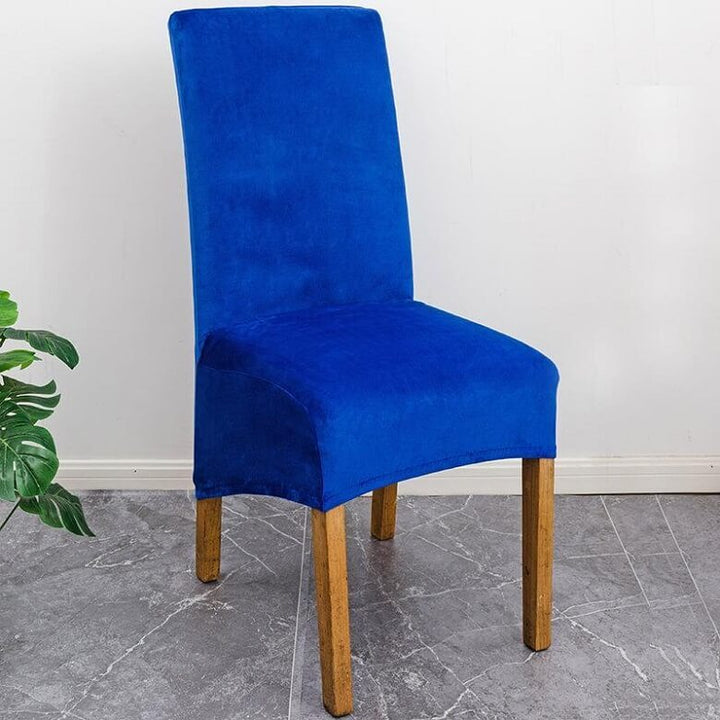 Elegant XL stretch velvet dining chair cover in camel, showcases plush velvet texture, ideal for home or events, fits armless