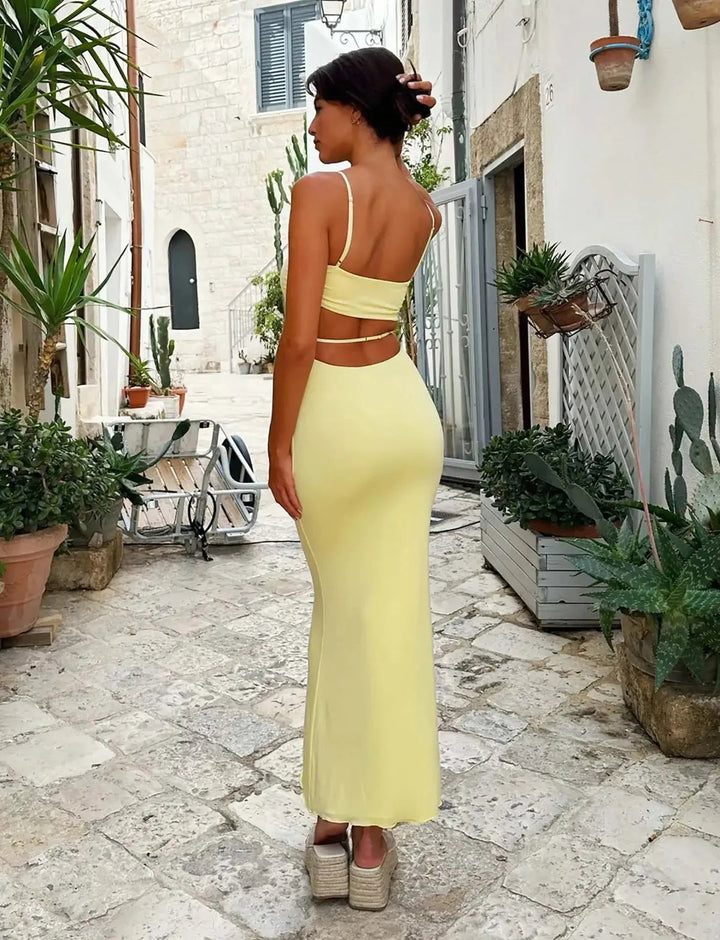 Chic yellow backless bodycon maxi dress for women, suitable for elegant parties and special occasions.