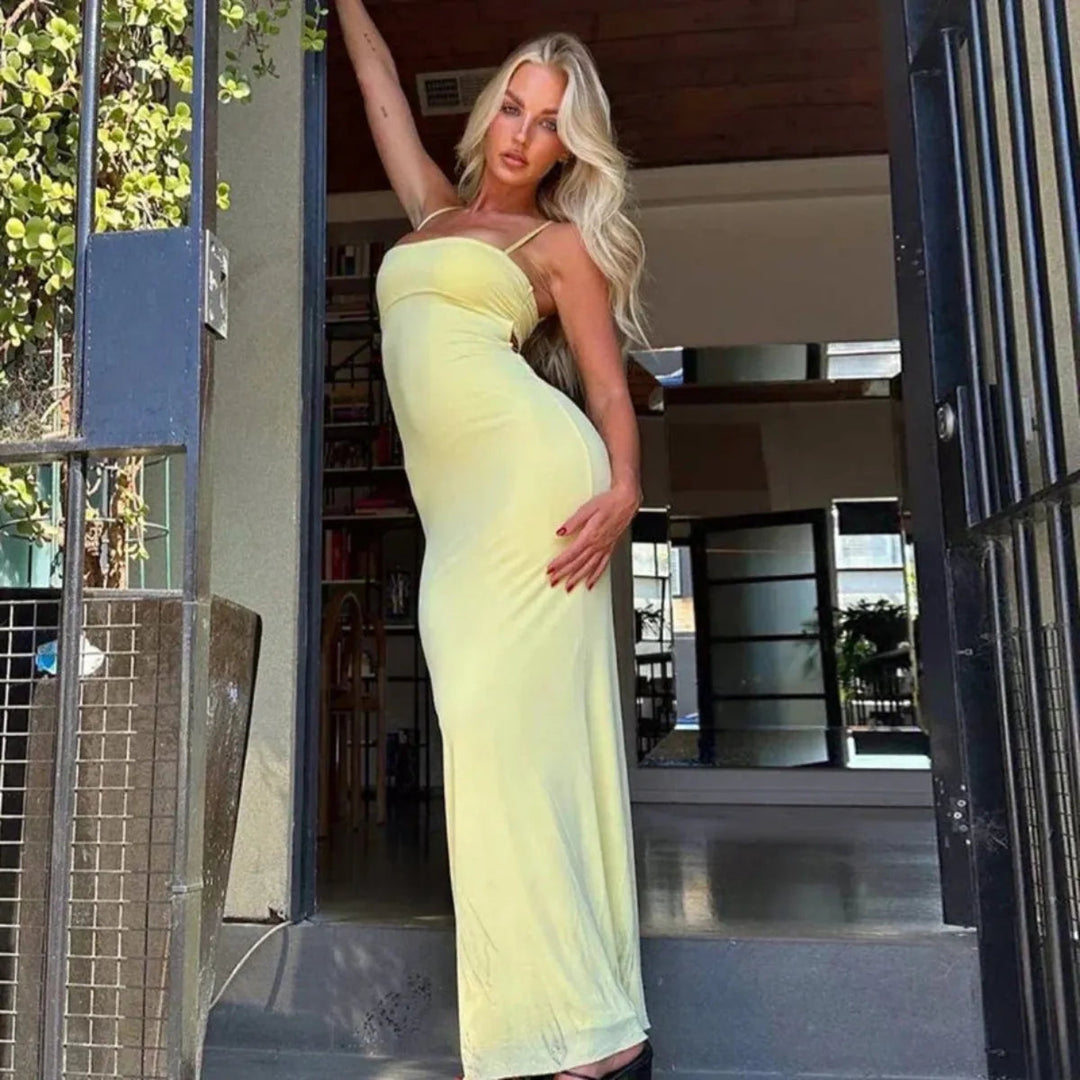 Vibrant yellow backless bodycon maxi dress, an elegant and stylish piece for women's formal events.