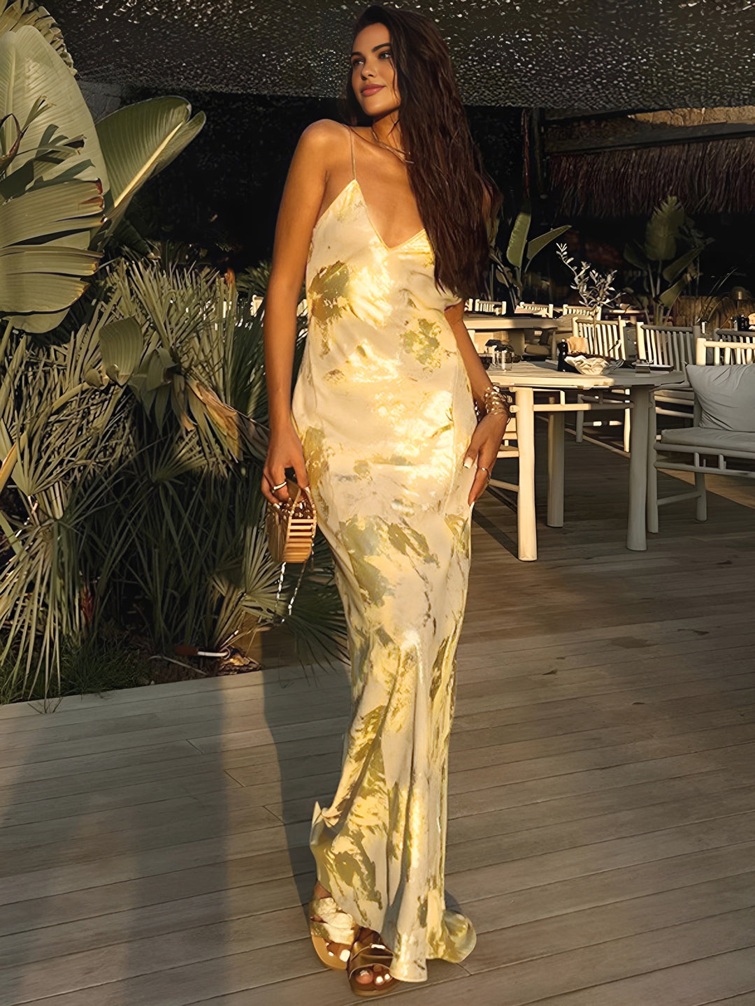Beautiful women's yellow floral maxi dress. Elegant formal wear for summer weddings & special occasions.