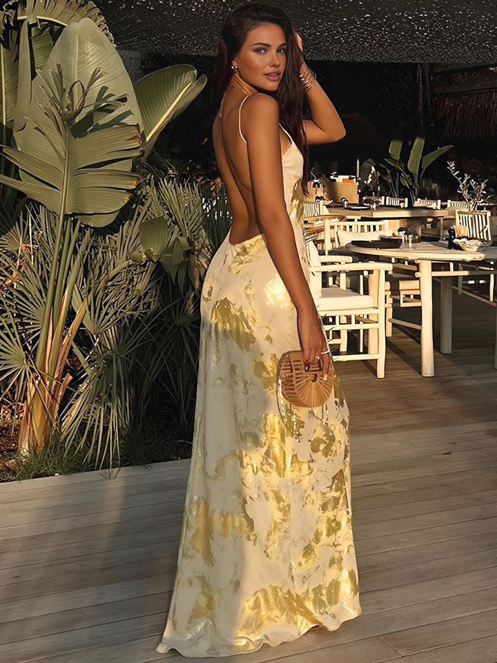 Elegant yellow floral print maxi dress. Women's special occasion dress, perfect for a wedding guest.