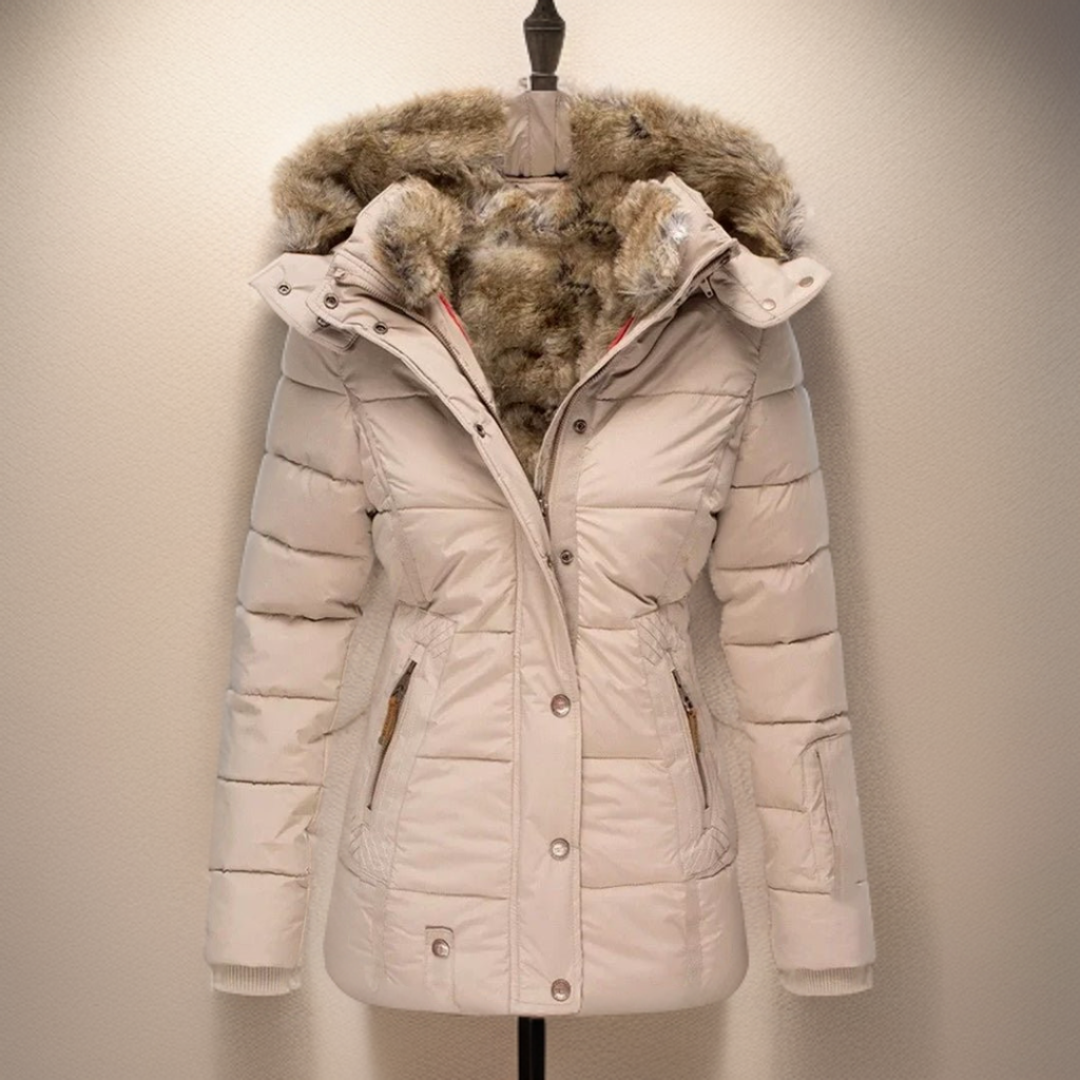 Cozy Elodie women's winter coat, a comfortable & warm outerwear jacket. Stylish fashion for cold weather days.