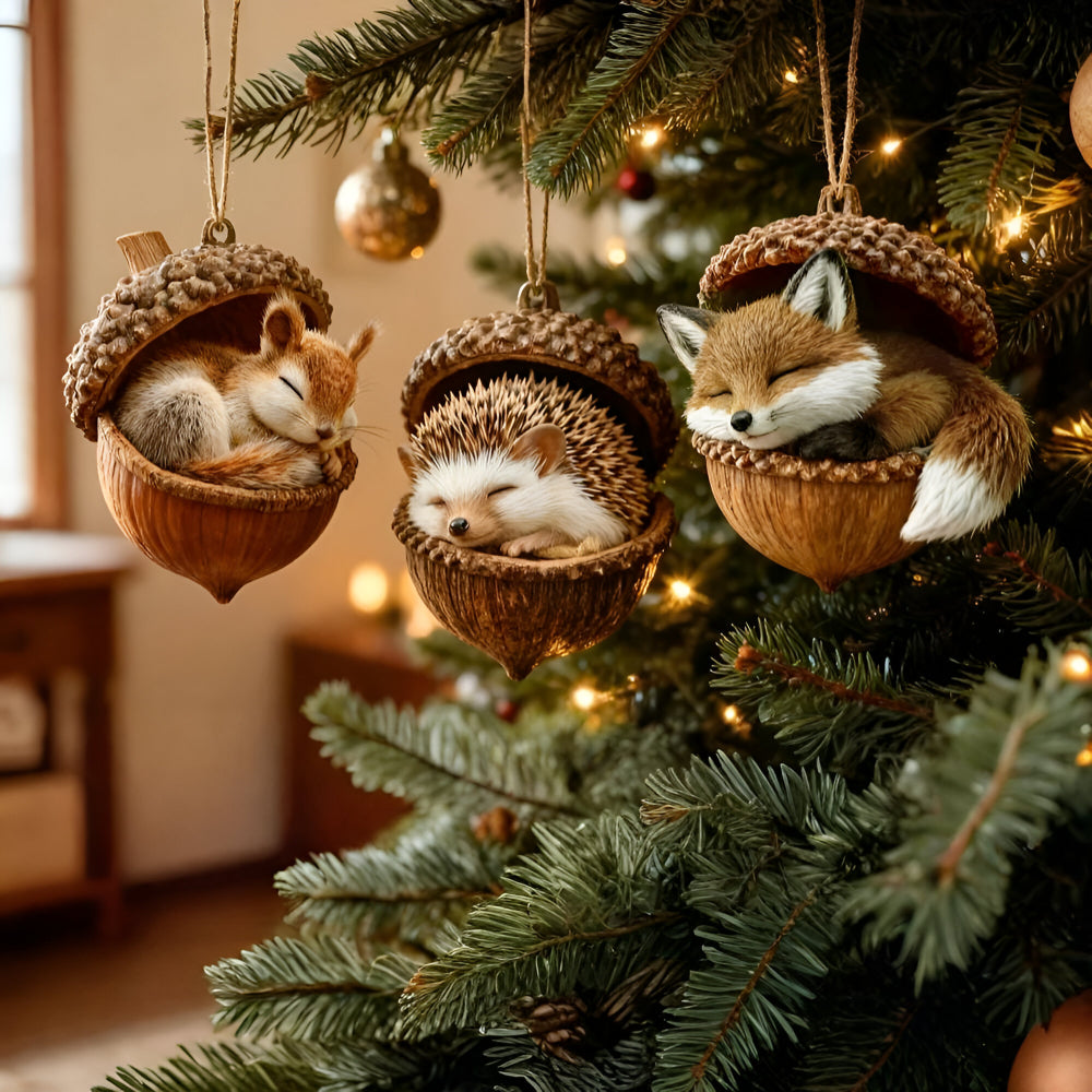 Enchanting woodland animal acorn Christmas ornament for tree decor.