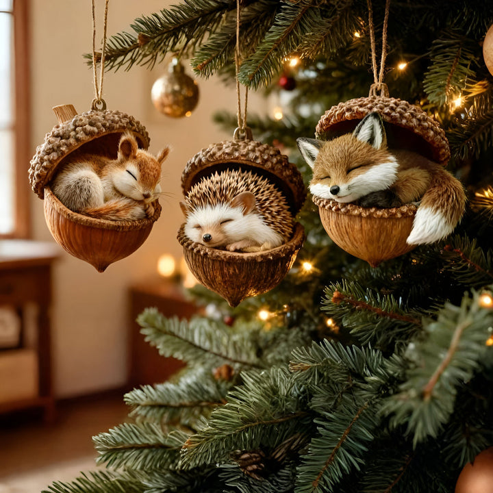 Enchanting woodland animal acorn Christmas ornament for tree decor.