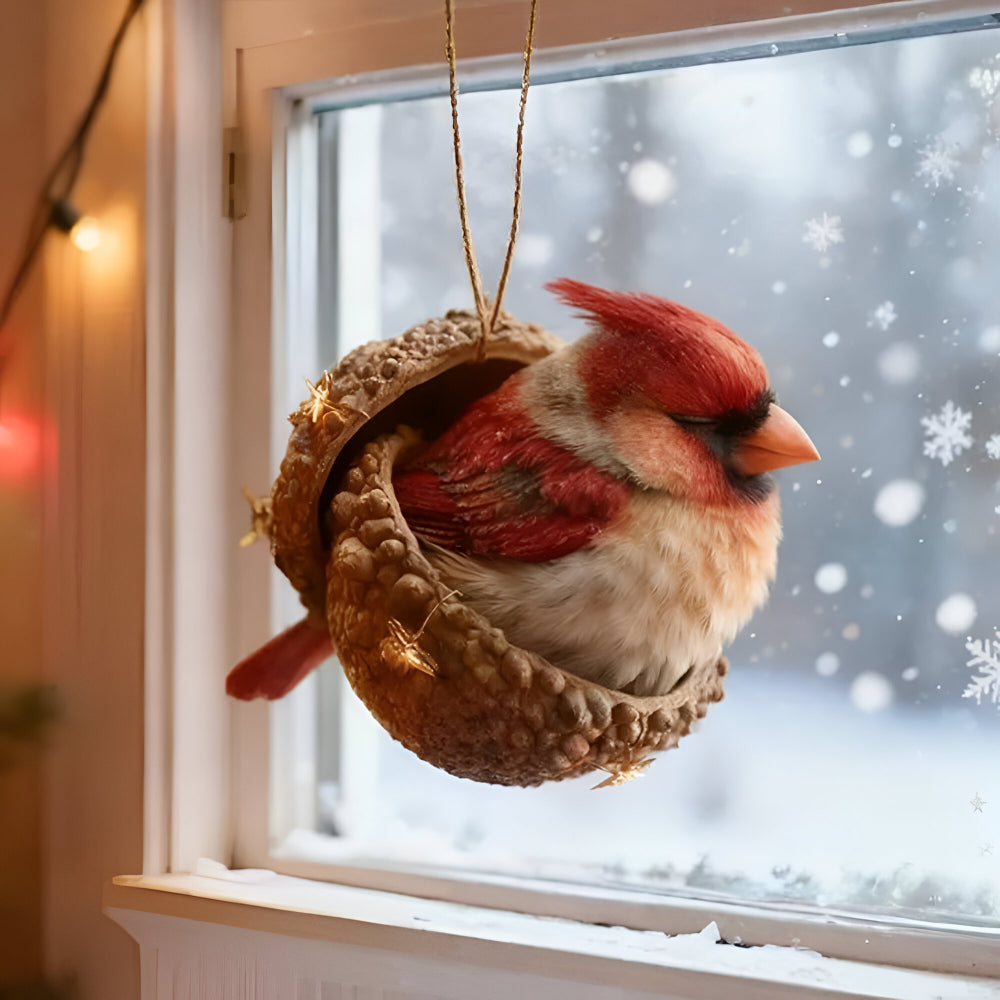 Rustic acorn Christmas ornament with a cute woodland animal figure inside.