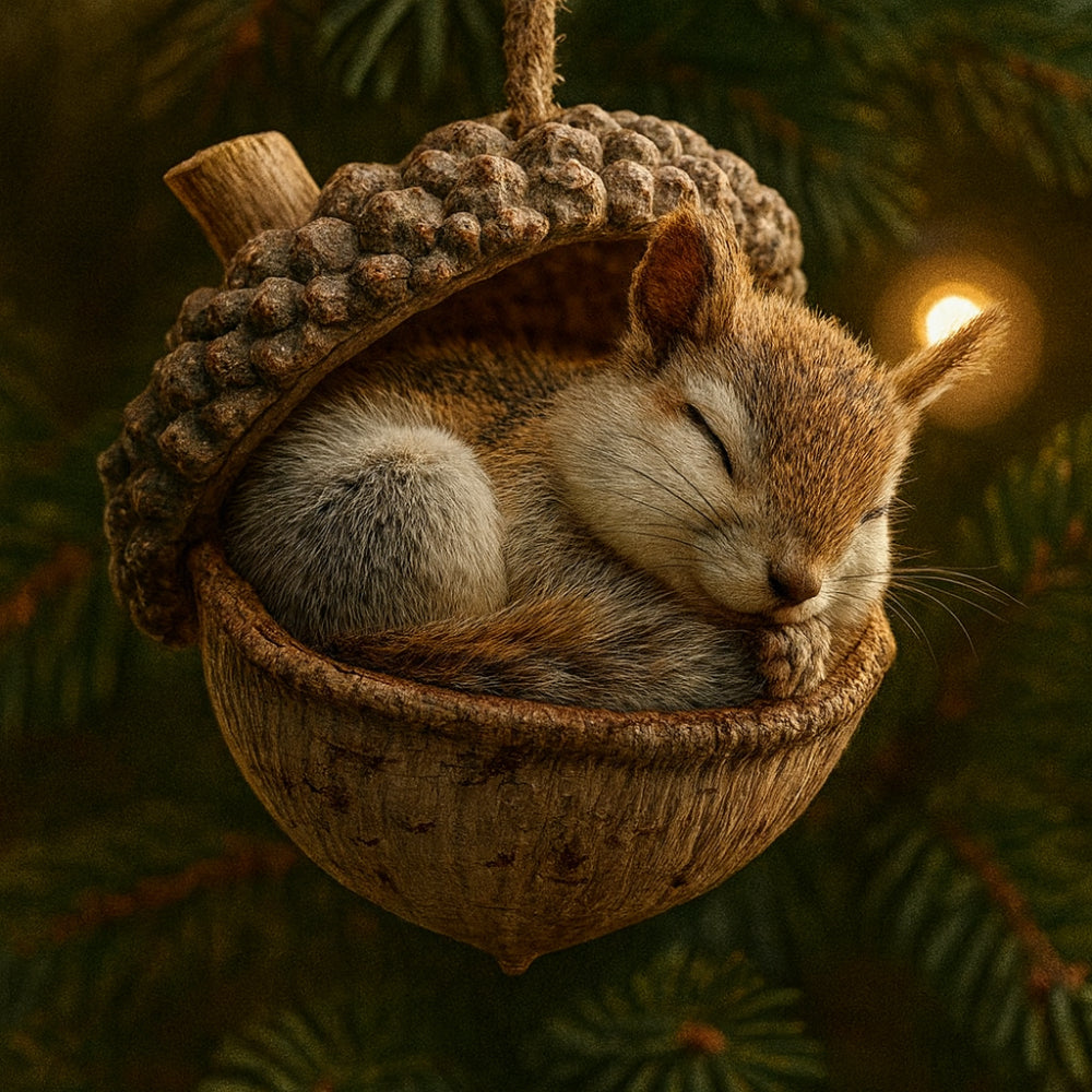 Cute woodland squirrel in acorn, festive Christmas ornament for tree.
