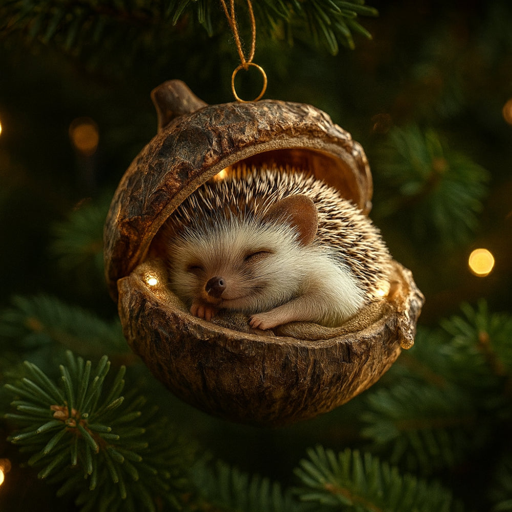 Handcrafted woodland animal acorn Christmas ornament for a rustic holiday tree.