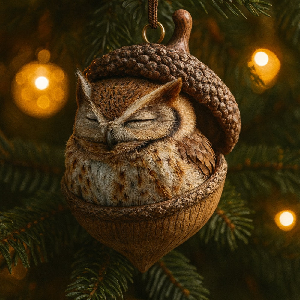 Festive woodland animal acorn Christmas ornaments for rustic tree decoration.