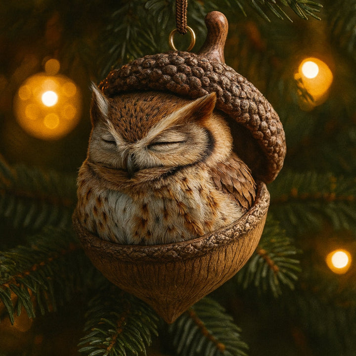 Festive woodland animal acorn Christmas ornaments for rustic tree decoration.
