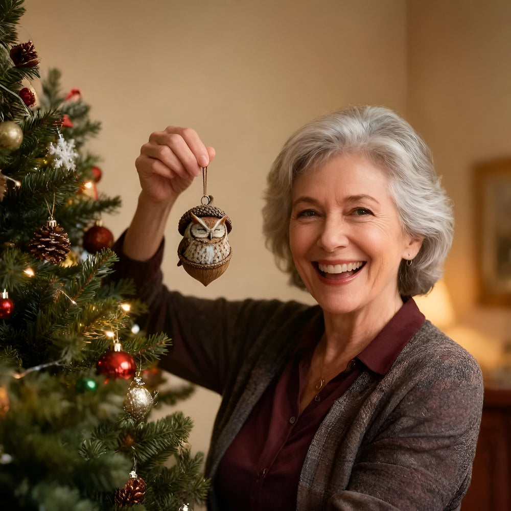Detailed woodland animal acorn ornament, perfect for Christmas tree decor.