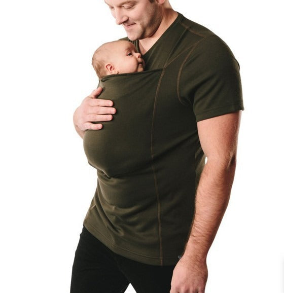 Newborn safely and comfortably nestled in the innovative CarryEase ergonomic babywearing t-shirt.